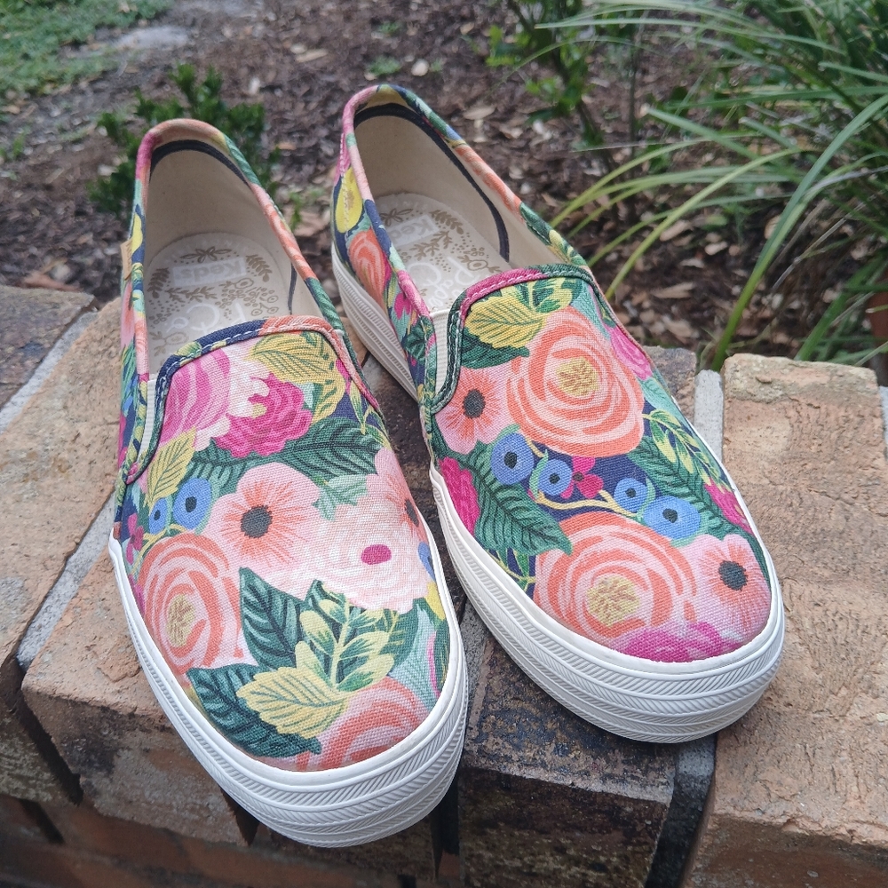 Rifle Paper/Keds Floral Slip-On Sneakers- Pink Green Multicolor